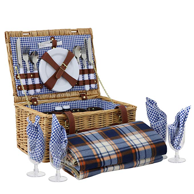 ZENY Wicker Picnic Basket 4 Person Wicker Hamper Set with Flatware, Plates and Wine Glasses Includes Tableware & Picnic Blanket (4 Person)