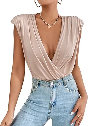 Milumia Women's Ruched Wrap Deep V Neck Padded Shoulder Tank Tops Sleeveless Bodysuit