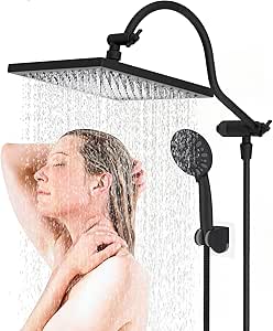 Hibbent 10 Inch High Pressure Rainfall Shower Head/Handheld Showerhead Combo with 12 Inch Adjustable Curved Shower Extension Arm,7-Spray,71-inch Hose Adhesive Showerhead Holder,Oil-Rubbed Bronze