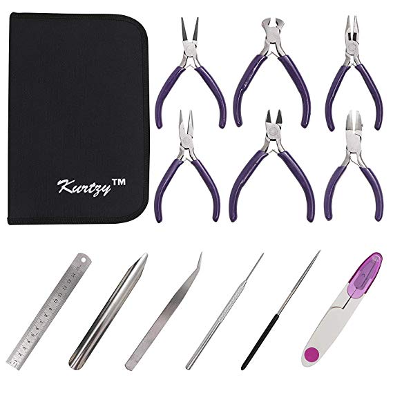 Kurtzy Jewelry Making Supplies - 12pcs Jewelry Beading Crafting Repair Kit for Beginners Includes Pliers, Ruler, Reamer, Tweezers with Zipper Storage Case - DIY Jewelry Tools Starter Kit for Adults