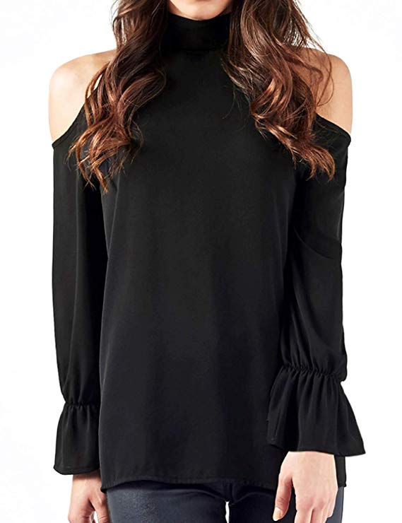StarVnc Women Long Flare Sleeve Black Casual Halter Neck Blouse Cold Shoulder Shirts Tunic Tops