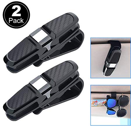 KIPIDA Glasses Holder for Car Sun Visor, 2 Pack Double-Ended 180 Degree Rotatable and Built-in Sponge Sunglasses Eyeglasses Clip Hanger with Card Ticket(Black,2 Pack)