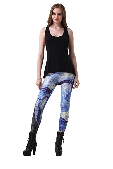 VOULOIR Women'S Fashion Digital Printe Sun and Moon Strenchy Leggings Pants