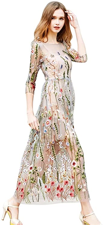 SUNSENT Womens Sheer Embroidered Floral Cocktail Dress with Cami Dress