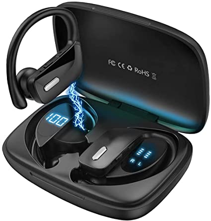 Acuvar Fully Wireless Bluetooth 5.0 Rechargeable Waterproof Sweatproof Sports Active Earbud Headphones with Microphone, 48h USB Power Charging Case Surround Stereo Bass and Passive Noise Cancelling