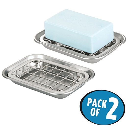 mDesign 2-Piece Soap Dish Tray for Kitchen Sink Countertops: Drainer and Holder for Soap, Sponges - Drainage Grid with Tray - Pack of 2, Rust Resistant Stainless Steel Metal in Brushed Finish