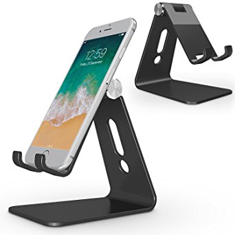 Adjustable Cell Phone Stand, OMOTON Aluminum Desktop Cellphone Stand with Anti-Slip Base and Convenient Charging Port, Fits All Smart Phones, Black