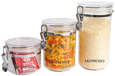 3 Piece Canister Set Plastic Food Acrylic Container - Airtight Clamp Lids Food Jars Clear Storage - By Mixpresso