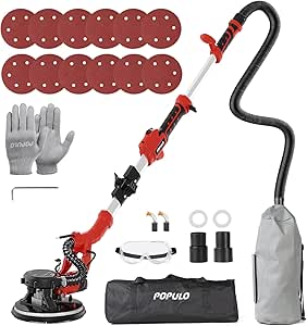 POPULO Drywall Sander, 810W 7A Electric Drywall Sander with Vacuum Attachment, 6 Variable Speed 1800RPM Power Ceiling Sander Tool with LED Light for Sanding Wall, Floor, Popcorn Ceiling Removal