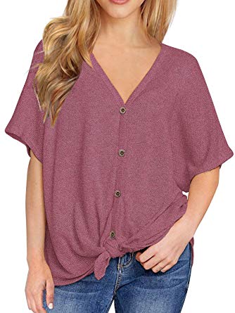 Viishow Womens Waffle Knit Tunic Blouse Short Sleeve V Neck Button Down T Shirts Casual Tie Front Knot Henley Tops