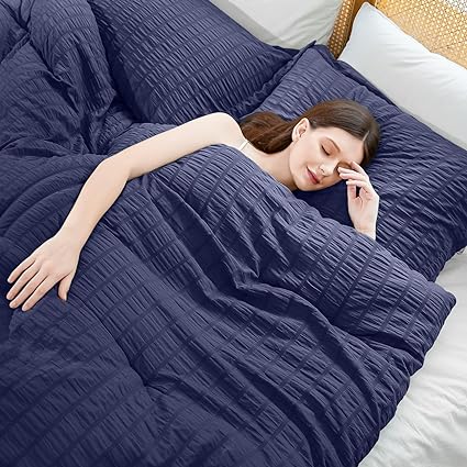 Cosybay Queen Comforter Set - 3 Pieces Seersucker Bedding Comforter Set, Navy Blue Down Alternative Comforter Set for All Season, 1 Comforter (88"x92") and 2 Pillow Shams (20"x26" 2")