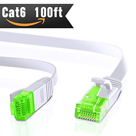 Cat 6 Ethernet Cable 100 ft White ( Green Connector for Cable Identification ) Flat Internet Network Cable - Cat6 Ethernet Patch Cable Short - Lan Computer Cable