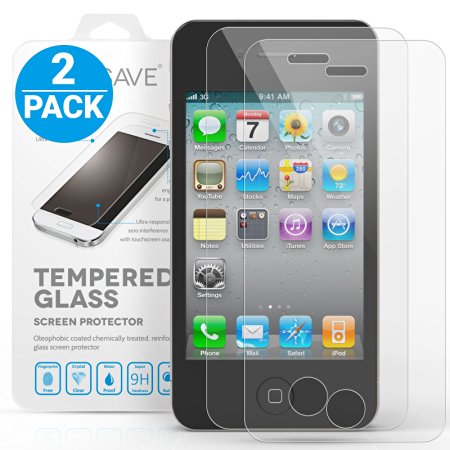 Yousave Accessories iPhone 4S / 4 Crystal Clear 2-Pack of Tempered Glass Screen Protector [Ultra Slim 0.3mm / 9H Hardness Rating] Twin Pack