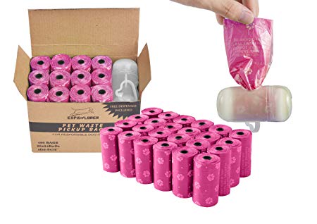 EXPAWLORER Pink Dog Poop Bags Degradable Leak-Proof Pet Waste Bag includes Dispenser 24 Rolls/480 Count