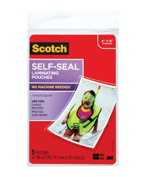 Scotch Self-Sealing Laminating Pouches, Glossy Finish, 4 3/8 x 6 3/8 Inches, 5 Pouches (PL900G)
