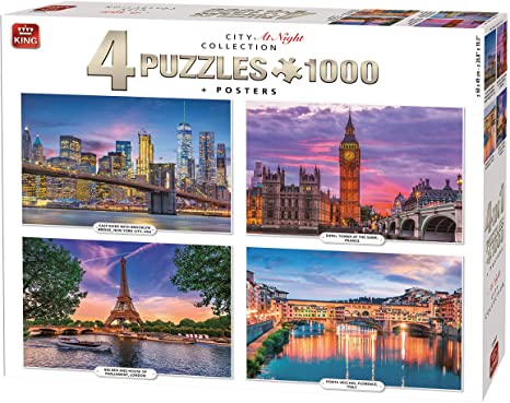 KING 55957 Jigsaw 4 in 1 Puzzle-4 x 1000 Piece-City at Night-Including Posters, Full Colour