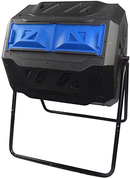 Large Compost Tumbler Bin -Outdoor Garden Rotating-Dual Compartment - Better Air Circulation Efficient Compost- BPA Free-Sturdy Steel Frame - 43Gallon (2-21.5Gal)- Blue Door