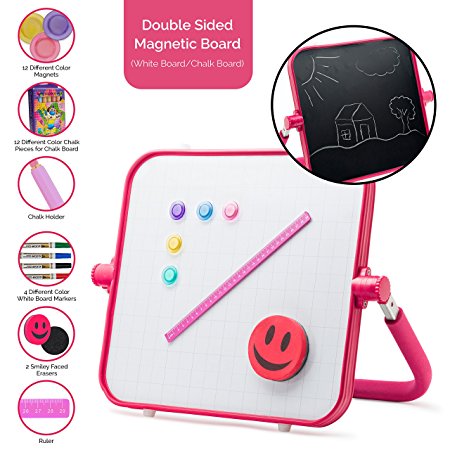 Morvat 2-sided Tabletop Art Easel with Magnetic Chalkboard Magnetic Whiteboard, Includes: 4 Markers, 12 Chalk Sticks, 1 Chalk Holder, 12 Magnets, 1 Ruler, 2 Erasers - Board Size: 17”x15” - Color: Pink