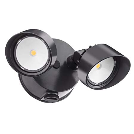 Lithonia Lighting OLF 2RH 40K 120 PE BZ M4 Contractor Select Twin Head Outdoor Integrated LED Dusk to Dawn Security Flood Light Round 4000K Black Bronze