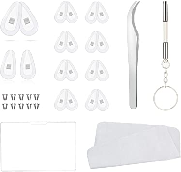 Eyeglass Nose Pads, Eyeglass Repair Kit Include 10 Pairs of 15mm Screw-in Soft Silicone Eyeglass Nose Pads with Screws, Micro Screwdriver, Tweezers, Eyeglasses Cleaner Cloth