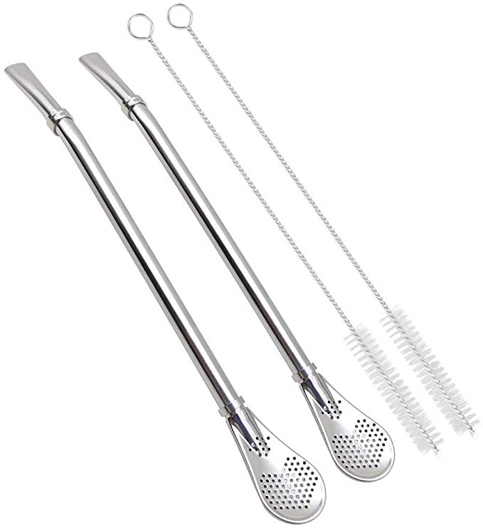 GFDesign Yerba Mate Bombilla Gourd Drinking Filter Straws Stirrer Food-Grade 18/8 Stainless Steel - Set of 2 with 2 Cleaning Brushes - 7.5 Inches Long