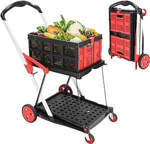 Multi Use Functional Collapsible Carts, Shopping Cart with Storage Crate, Mobile Folding Trolley, Portable Folding Cart, Shopping Cart Folding Trolley for Home, Groceries