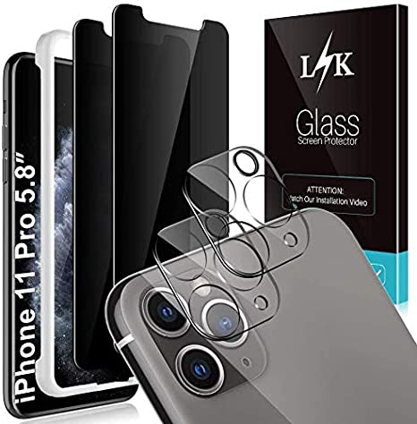 4 Pack LϟK 2 Pack Tempered Glass Privacy Screen Protector   2 Pack Tempered Glass Camera Lens Protector Compatible for iPhone 11 Pro 5.8 inch Alignment Frame 9H Hardness