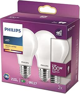 Philips ampoule LED Standard E27 100W Blanc Chaud Dépolie, Verre, 2 Unité (Lot de 1)