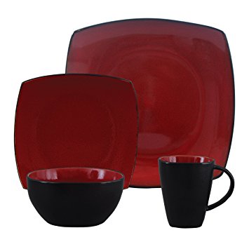 Gibson Bella Soho 16-Piece Square Reactive Glaze Dinnerware Set, Red