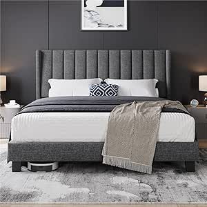 Yaheetech Lit Double Rembourré 160x200 cm avec Sommier à Lattes, Cadre de Lit Moderne pour Adultes 2 Personnes, Tête de Lit à Rayures, Lit en Bois et Métal, Gris Foncé