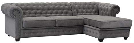 Chesterfield Style Corner Sofa Set 3 2 Seater Armchair Grey Fabric (Right Hand Corner)