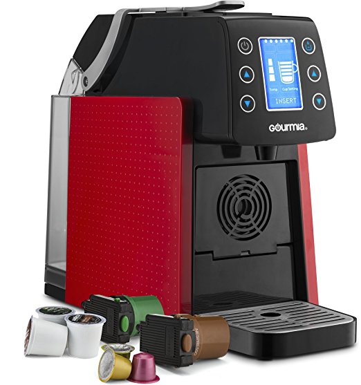 Gourmia GCM5100 One Touch K-Cup & Espresso Capsule Coffee Machine, Compatible With Nespresso and K-Cup & More, Adjustable Temperature & Size, Digital Display, Demi Shot-Glass Tray - Red