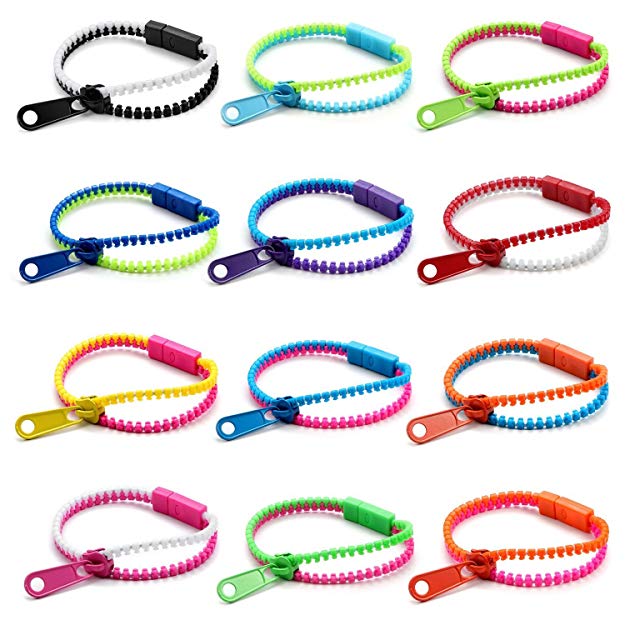 JewelrieShop 12 Pcs Friendship Bracelets Zipper Bracelets Assorted Mixed Color Wholesale Lot