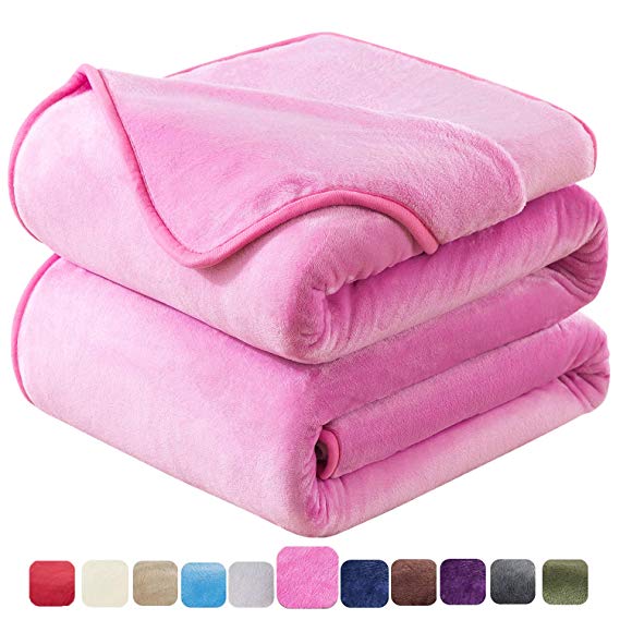 HOZY Flannel Fleece Twin Size Summer Blanket All Season 350GSM Lightweight Throw for The Bed Extra Soft Brush Fabric Winter Warm Sofa Blanket 66" x 90"(Pink Twin)