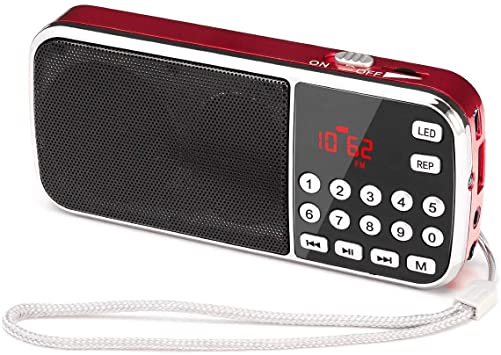 PRUNUS J-189 Small Portable Radio AM FM Bluetooth Radio - Dual Speakers Heavy Bass, LED Flashlight, Pocket Size, TF Card USB AUX MP3 Player, Rechargeable Battery Operated(Red)