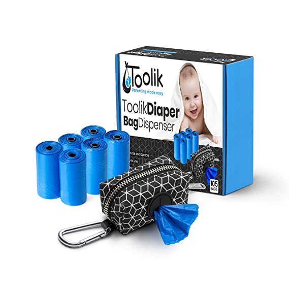 Toolik Diaper Bag Dispenser with 105 Disposable Unscented Waste Bags (7 Refill Rolls) for Baby and Toddler Poop or Dirty Clothes, Essential for Travel and Quick Change on The Go, Black with 3D Cube