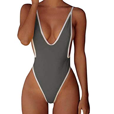 CROSS1946 Sexy Womens Monokini Deep V One Piece Backless Cheeky Swimwear Semi Thong Bikini