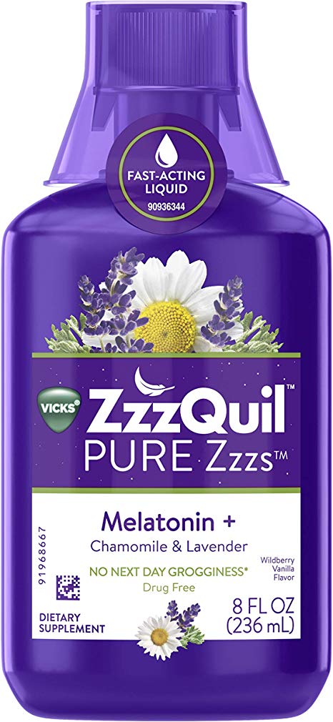 Vicks ZzzQuil Pure Zzzs Melatonin Liquid Sleep-Aid with Chamomile, Lavender, Valerian Root and Lemon Balm, 1mg per Serving, 8oz