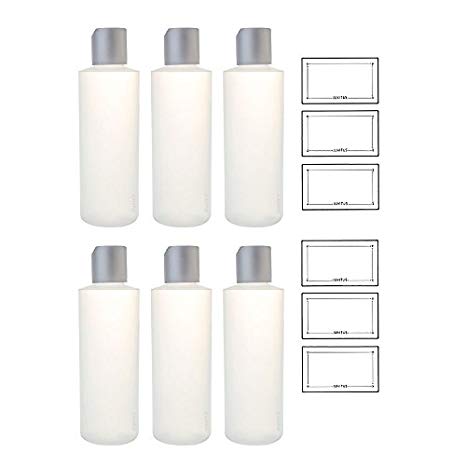 Clear Natural Refillable Plastic Squeeze Bottle with Disc Cap - 6 oz (6 Pack)   Labels