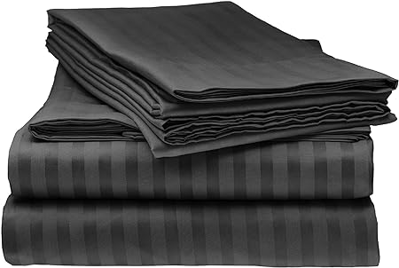 Jerry Collection Authentic Heavy Quality Super Soft Bed Sheets 1500-Thread-Count Egyptian Cotton 4-Pieces Sheet Set Fits 16-20" inch Deep Pocket, Stripe Pattern (Queen Size, Black)