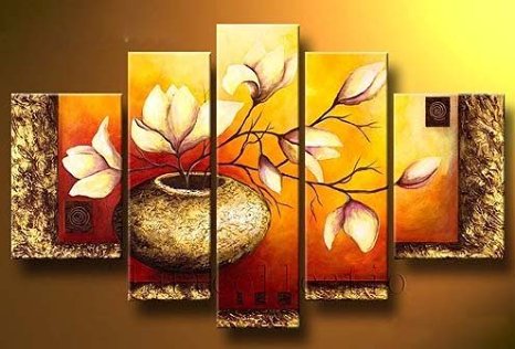 Wieco Art 5-Piece "Golden Bottle Elegent Flowers" Stretched and Framed Hand-Painted Modern Oil Paintings on Canvas Wall Art Set