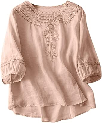 Women's 3/4 Sleeve Linen Shirts Lace Embroidery Gauze Tunic Blouse Summer Lightweight Loose Hem Chiffon Tops