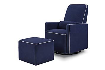 DaVinci Olive Upholstered Swivel Glider with Bonus Ottoman, Navy with Grey Piping