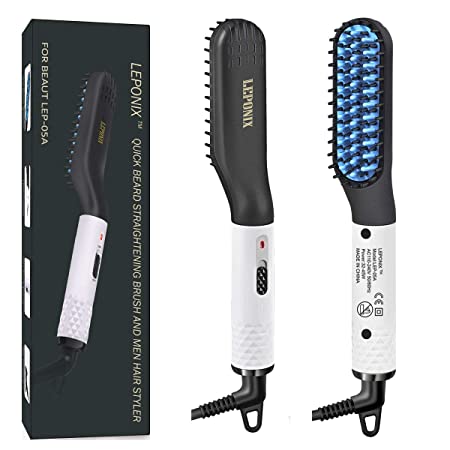 Beard Straightener, Men Hair Straightener Heated Beard Brush with Wood Comb Beard Straightening Comb with Dual Voltage Great Gifts for Men and Great for Travel (White)