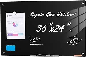 VEVOR Magnetic Glass Whiteboard, Dry Erase Board 36"x24", Wall-Mounted Large White Glassboard Frameless, with Marker Tray, an Eraser and 2 Markers, Black