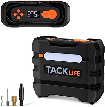 Tire Inflator Air Compressor, TACKLIFE 150PSI Car Air Pump 12V DC Air Compressor Pump Digital Tire Inflator with Overheating Protection, Long Cable, LCD Display, LED Light, 3 Nozzles and Extra Fuse | A6