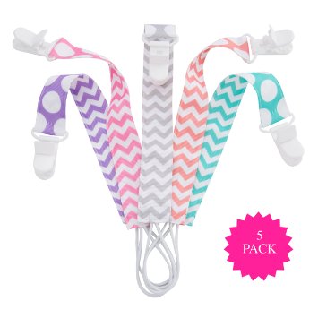 Pacifier Clip - 5 Pack | GIRLS | Best Universal Pacifier Holder Set for Girl/boy, Soothie Pacifiers, Teething Ring Toys, Baby Blankets, Baby Drool Bibs | Perfect Baby Shower Gift