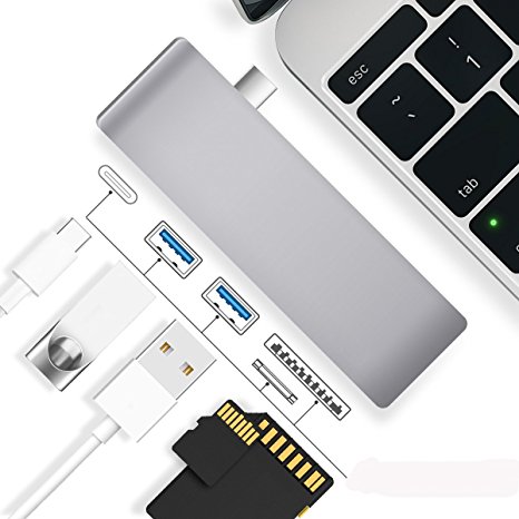 USB C Hub Adapter, Type-C USB 3.0 5 in 1 Hub, Aluminum Multi-Port Adapter with Type-C 3.0 Charging Port for MacBook, Google Chromebook, 2 USB 3.0 Ports, SD/Micro Card Reader(Grey)