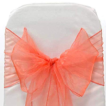 mds Pack of 100 Organza Chair Sashes Bow Sash for Wedding and Events Supplies Party Decoration Chair Cover sash -Coral