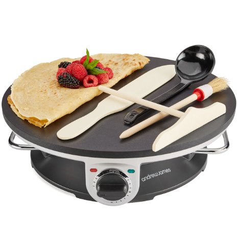 Andrew James 1200 Watt Professional Electric Crepe Maker With 2 Year Warranty - New Improved Model - Includes Batter Spreader, Wooden Spatula, Oil Brush and Ladle